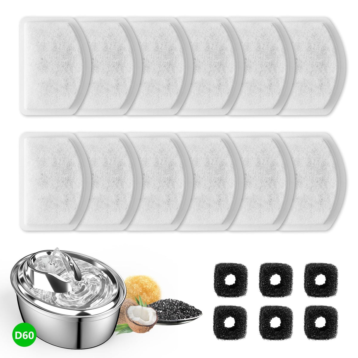 12+6 Pack Zeepet Cat Fountain Filters (D60 Black filter x12, White filter x6)