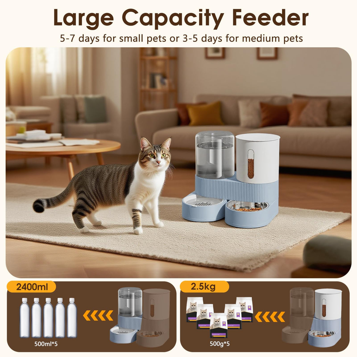 Automatic Gravity Cat Dog Feeder and Water Dispenser with 304 Stainless Steel Bowls 2 in 1 360 Degree Rotatable Auto 2.4L Dry Food and 2.6L Water Bowl for Small Medium Pet Dog Puppy Kitten (Blue)