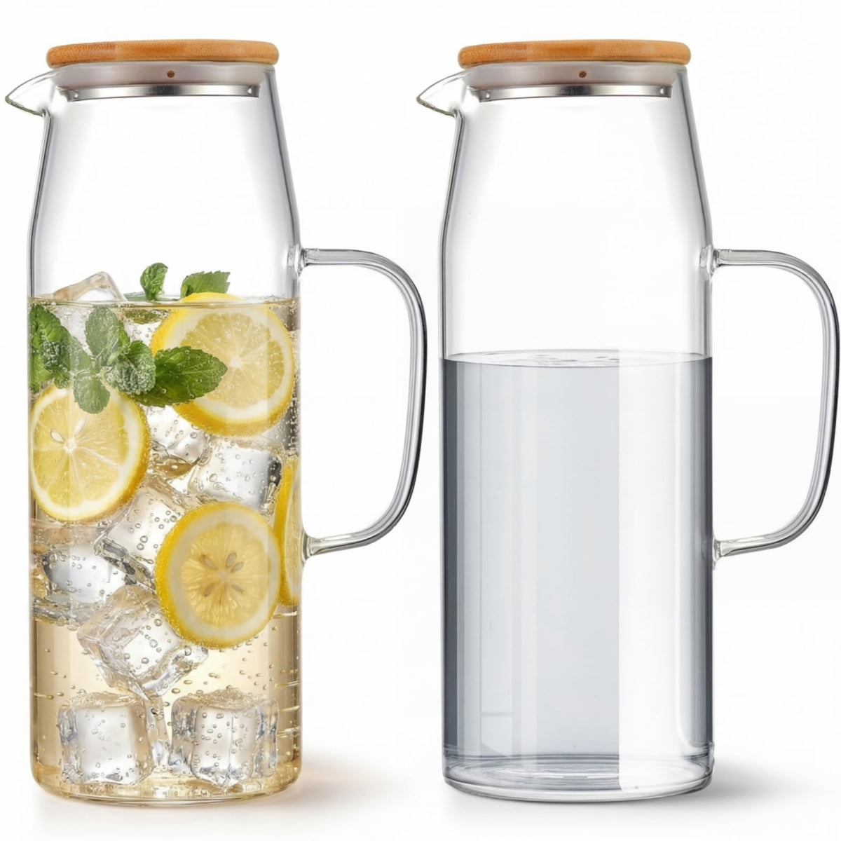 2 Sets Glass Pitcher with Lid Water Carafe (Bamboo Lid / 2l)