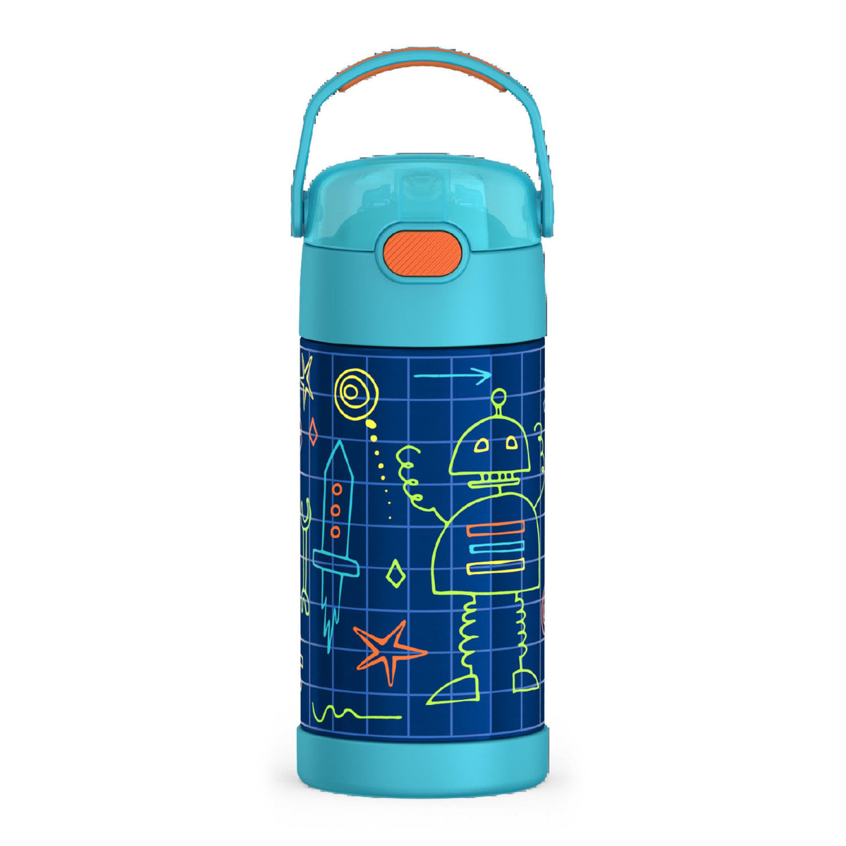 FUNTAINER Water Bottle with Straw (Robot Doodles / 12 Ounces)