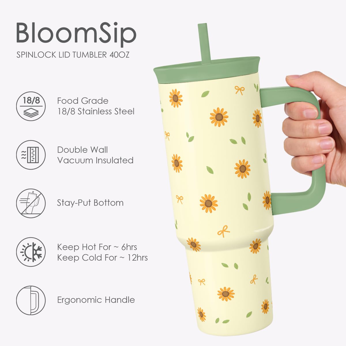 Sunflower Stainless Steel Locking Lid Silicone Straw Tumbler with Handle 40oz (Sunflower)