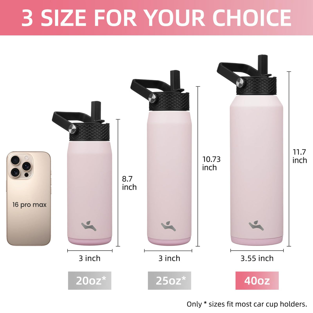40 oz Insulated Stainless Steel Water Bottle with 3 Lids (Pink / 40 Ounces)