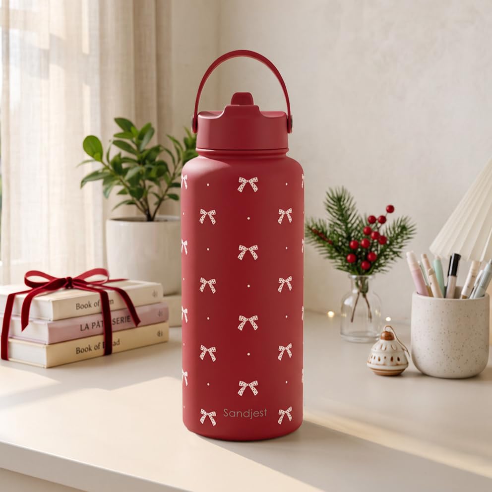 Bow Stainless Steel Water Bottle 32 Ounces with Lid & Straw (Bow)