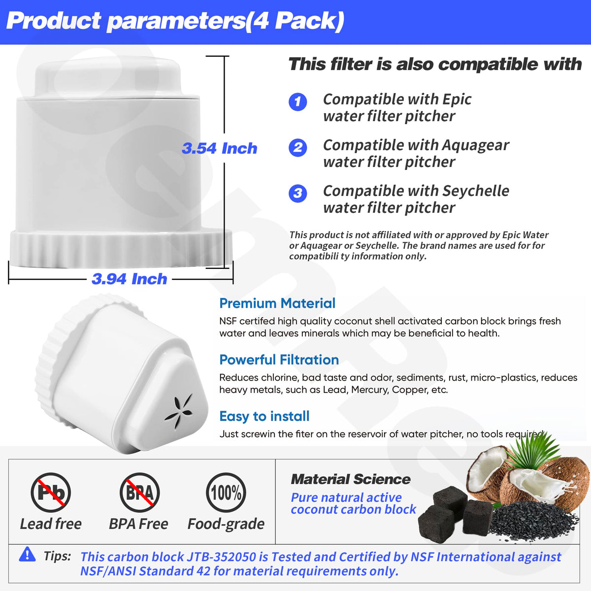 4Pack Replacement Filter for EPIC Water Filter Pitcher (4Pack)