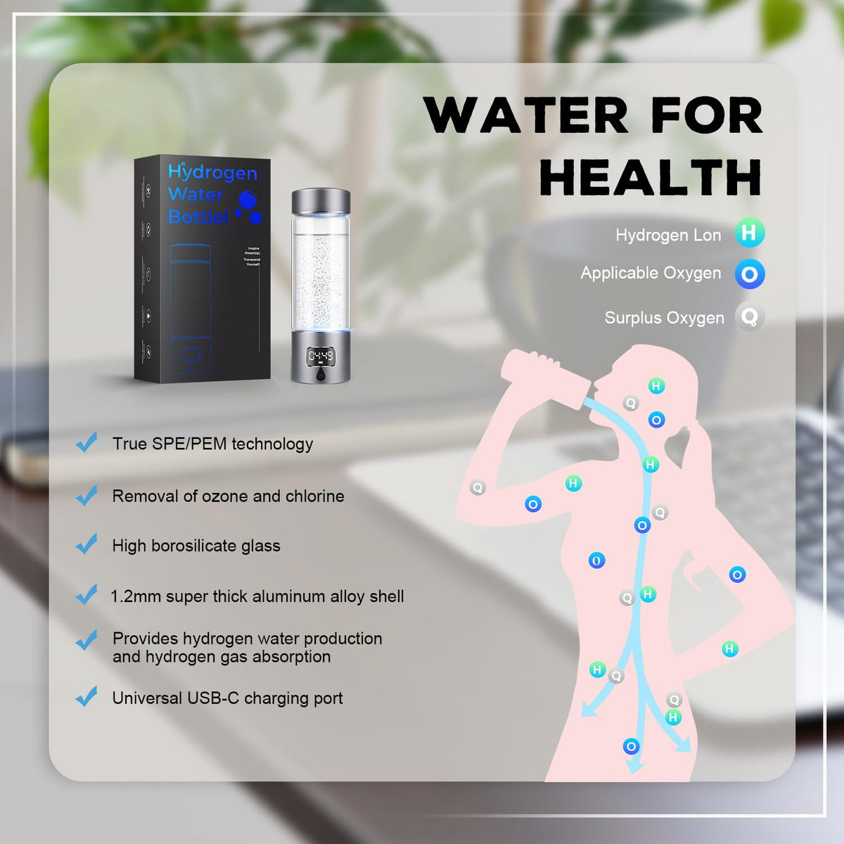 Hydrogen Water Bottle Generator with SPE (Grey)