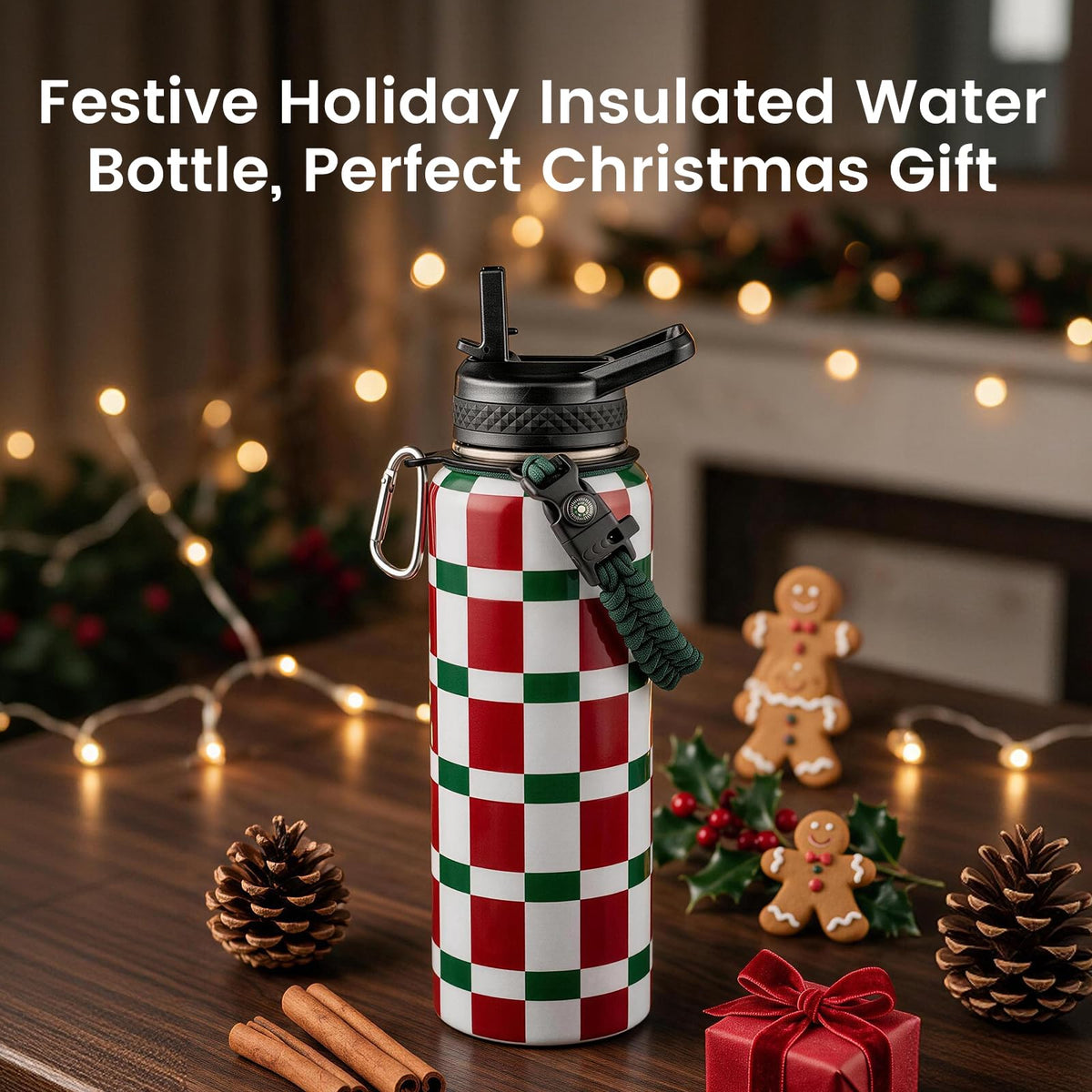 40 oz Insulated Water Bottle with Straw (Mexico-Green White Red Plaid / 40 Ounces)