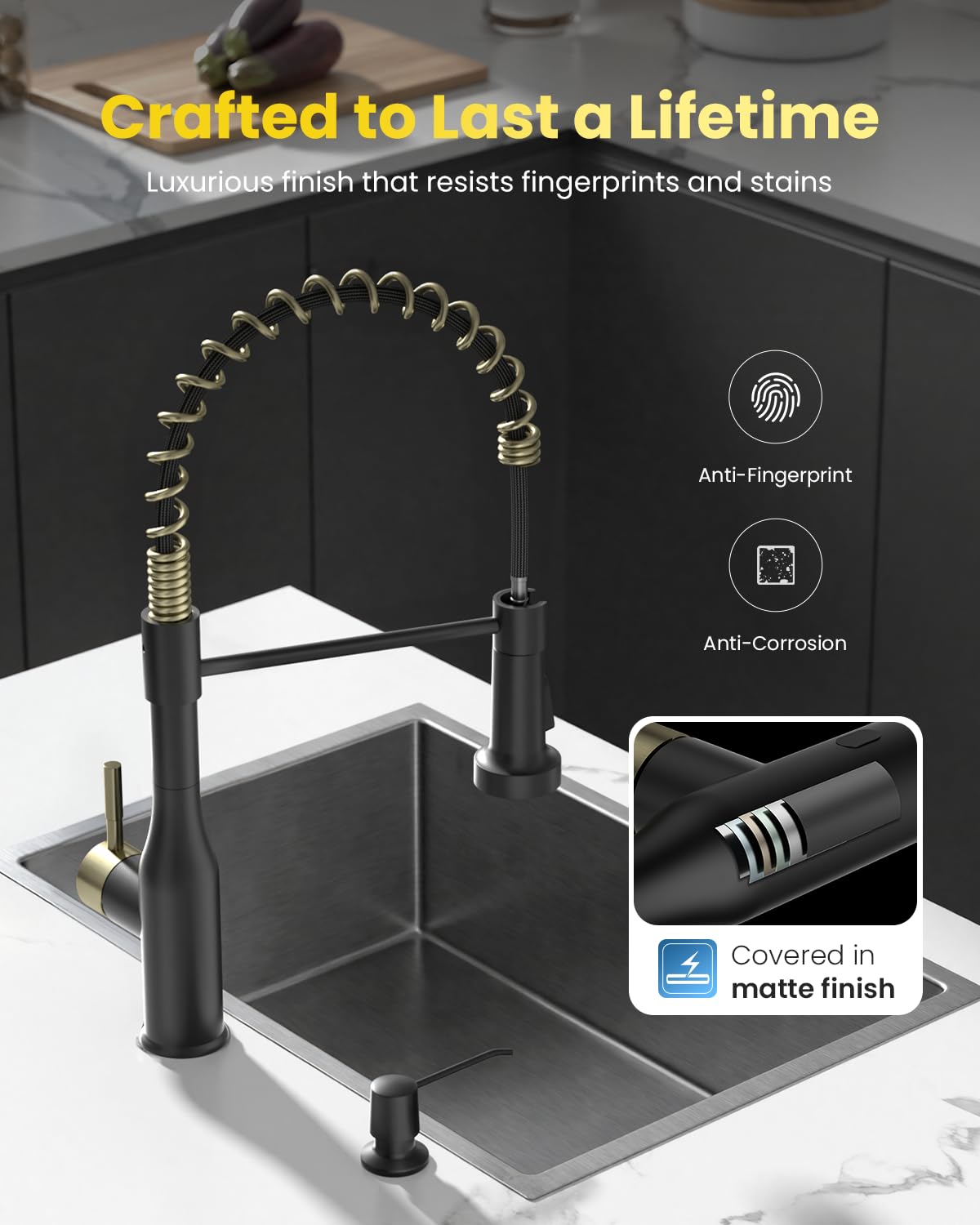 Black and Gold Touchless Kitchen Faucet with Soap Dispenser (Smart Black & Gold)