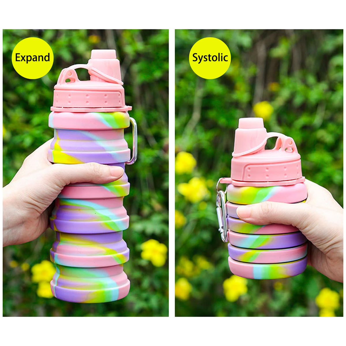 Collapsible Water Bottles Travel Sports Portable Sport Water Bottle comes with mountaineering Buckle 500ml silicone Water (1 pack / Blue)