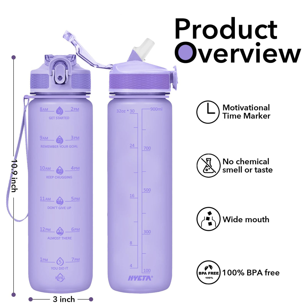 Plastic Water Bottle With Straw & Time Marker (Matte Lilac)