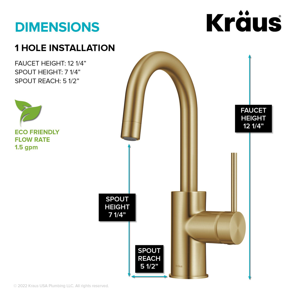 Oletto Single Handle Kitchen Bar Faucet with QuickDock Top Mount Assembly in Brushed Brass (Brushed Brass / Bar Faucet)