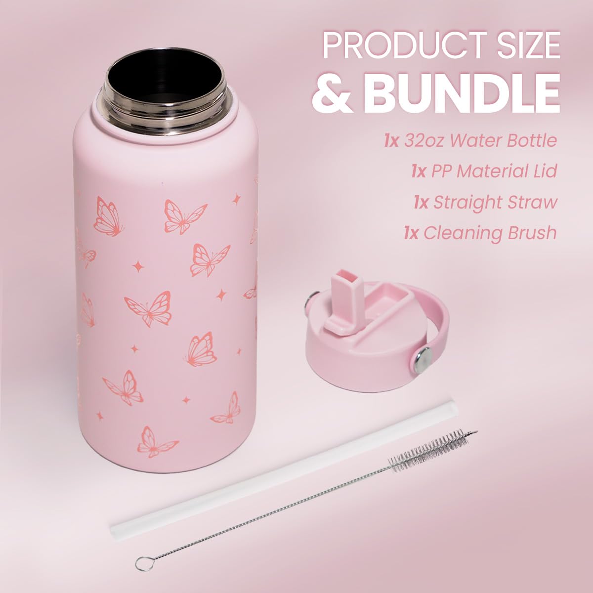 Butterfly Water Bottle Insulated Vacuum Stainless Steel 32oz with Lid (Butterfly)