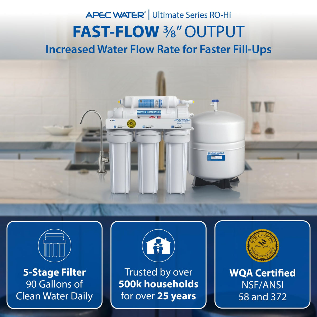 RO-Hi, 5-Stage Under Sink Reverse Osmosis System, 3/8" Output (5 Stage, 3/8" Fast Flow Output)