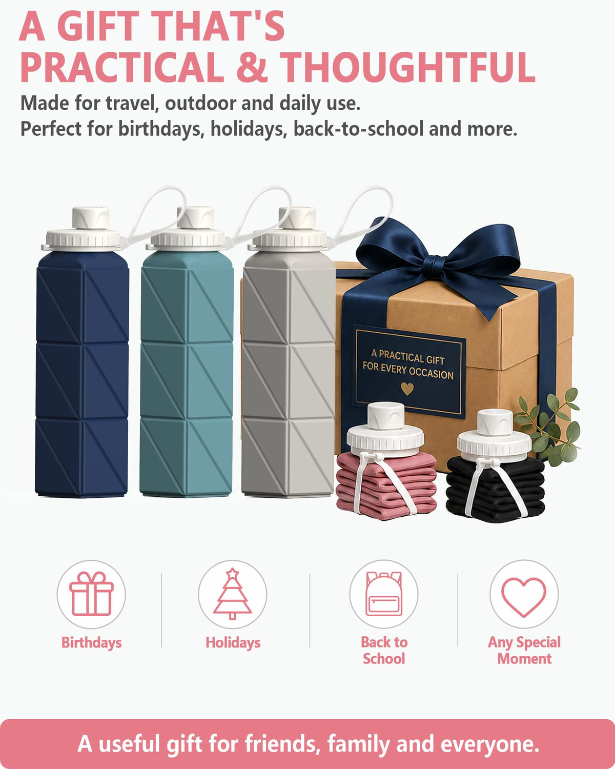 Collapsible Water Bottles 21oz (Starlight+Pink+Blue+Dark Blue+Black)
