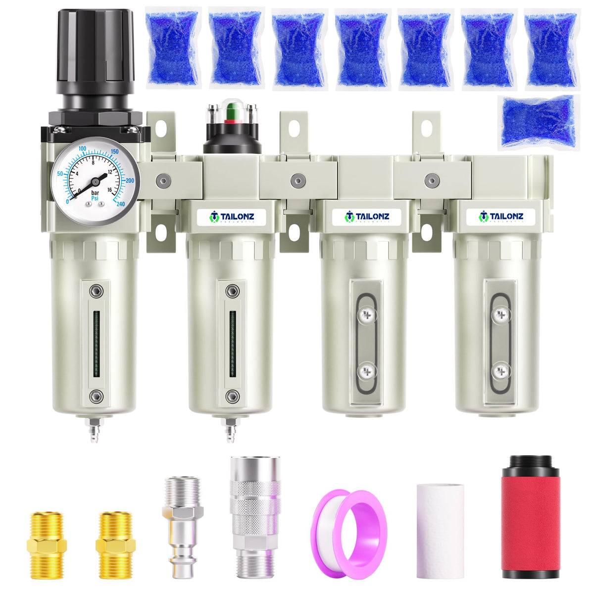 0-240PSI 3/4 Inch NPT Industrial Grade 4 Stage Air Drying System, Particulate Filter, Coalescing Filter, Double Desiccant Dryer 5 Micron Filter +0.01 Micron Filter (Manual Drainage) (3/4
