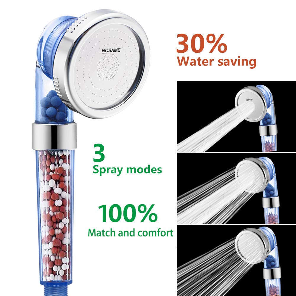 Shower Head Filter Filtration High Pressure Water Saving 3 Mode Function Spray Handheld Showerheads 1.6 GPM for Dry Hair & Skin SPA (Clear blue)