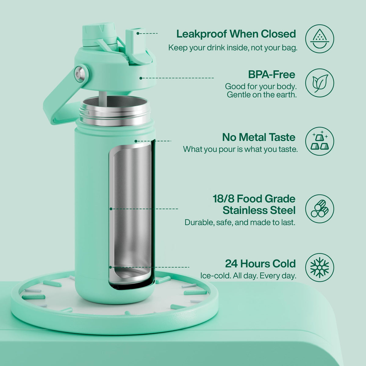 Insulated Water Bottle with Straw Stainless Steel Water Bottle (18 Ounces / Brook Green)