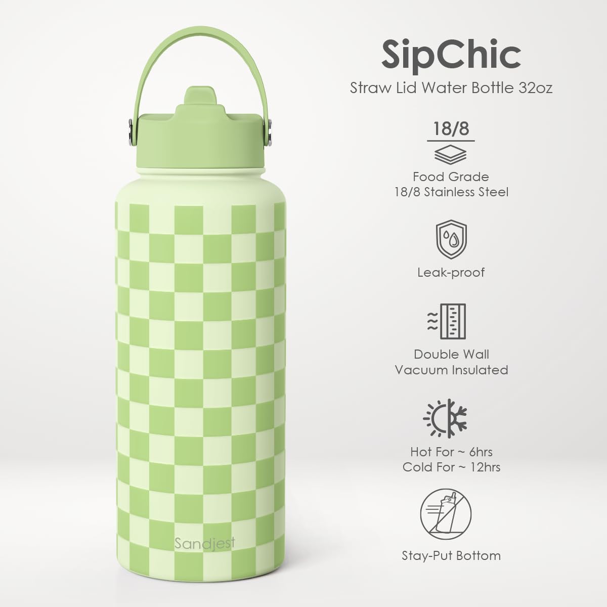 Checkered Water Bottle Stainless Steel 32oz with Lid & Straw (Checker 1)