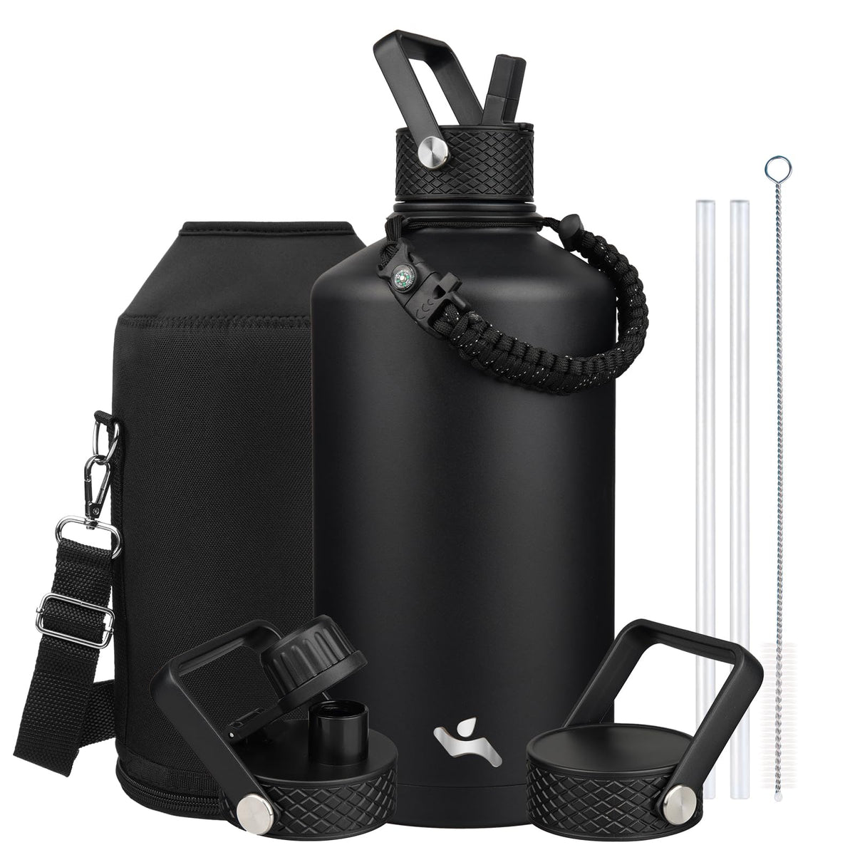 128 oz Insulated Stainless Steel Water Bottle Jug with Handle (Black / 128 Ounces)