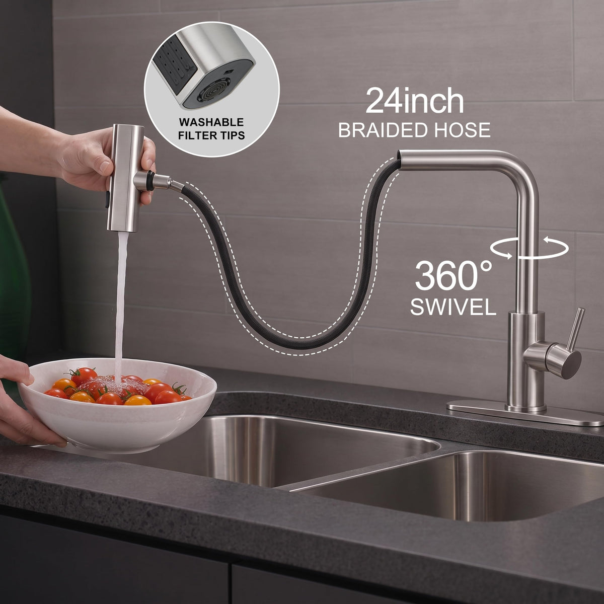 Kitchen Faucets with Pull Down Sprayer (Brushed / Waterfall)