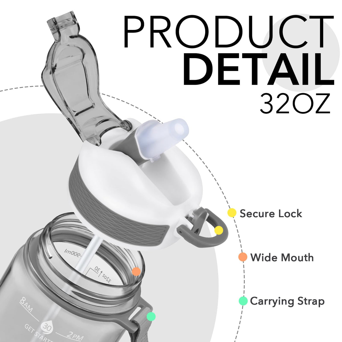Plastic Water Bottle With Straw & Time Marker (Clear Black)