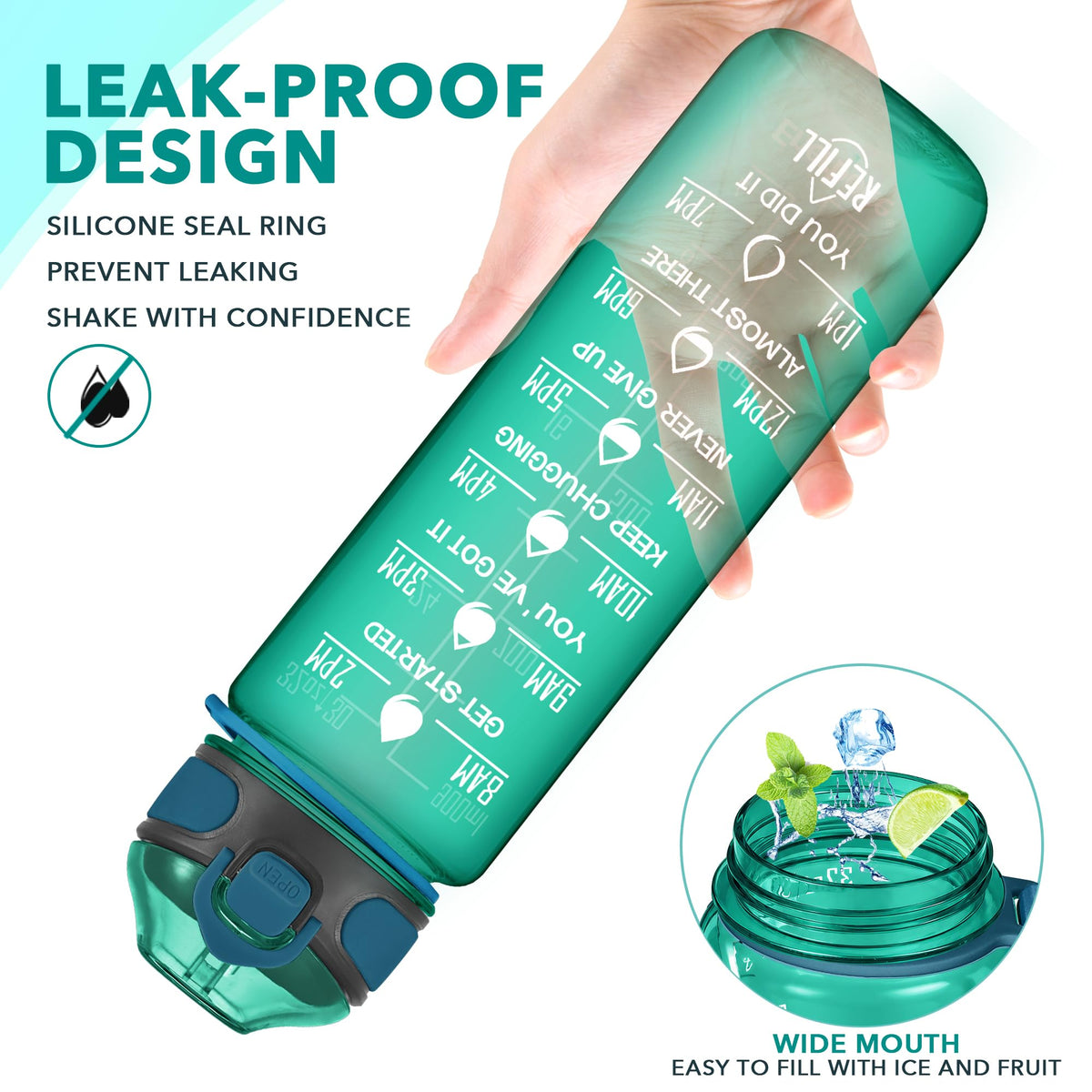 32 oz Water Bottle with Times to Drink and Straw (Mist Teal)