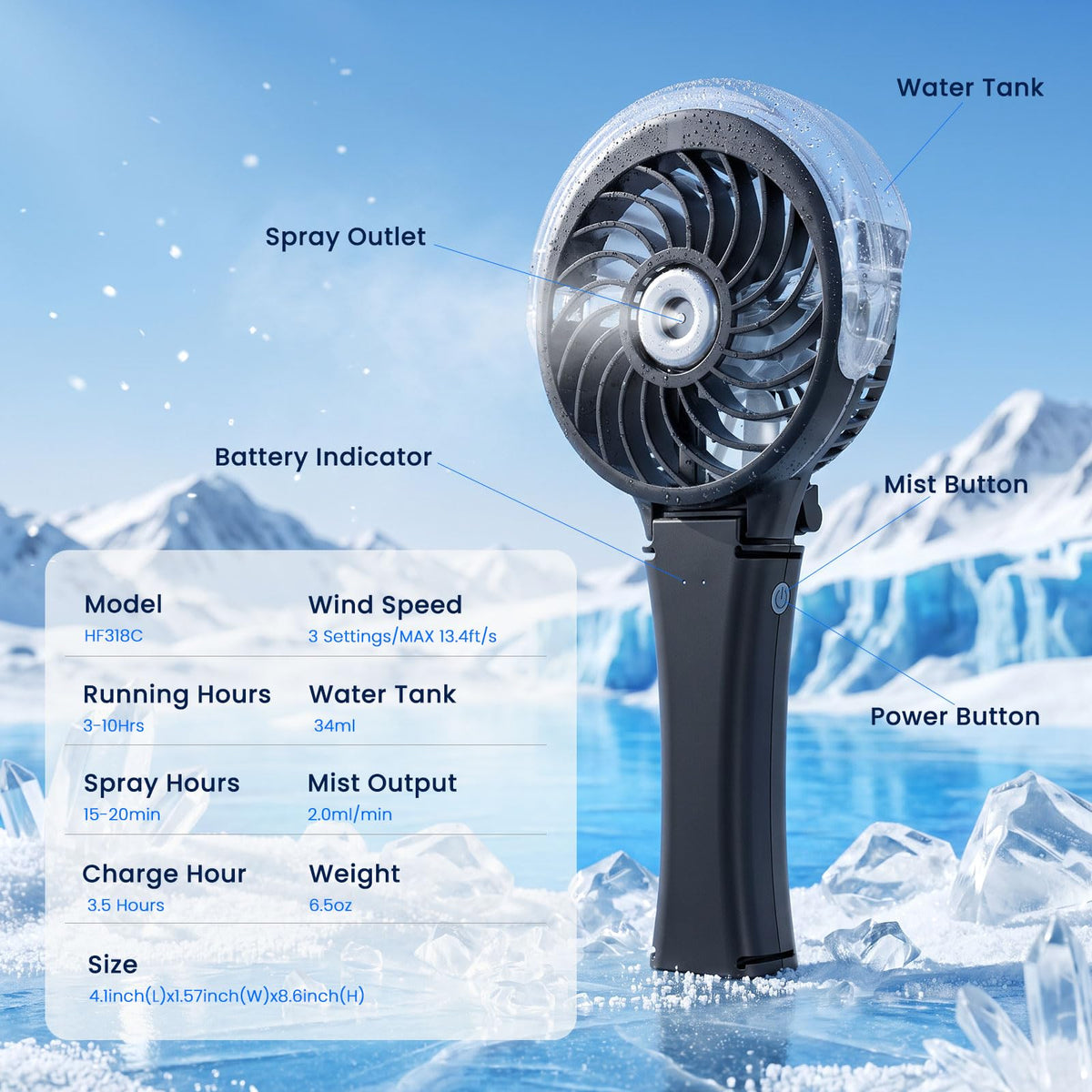Upgraded Handheld Misting Fan (HF318C / Black)