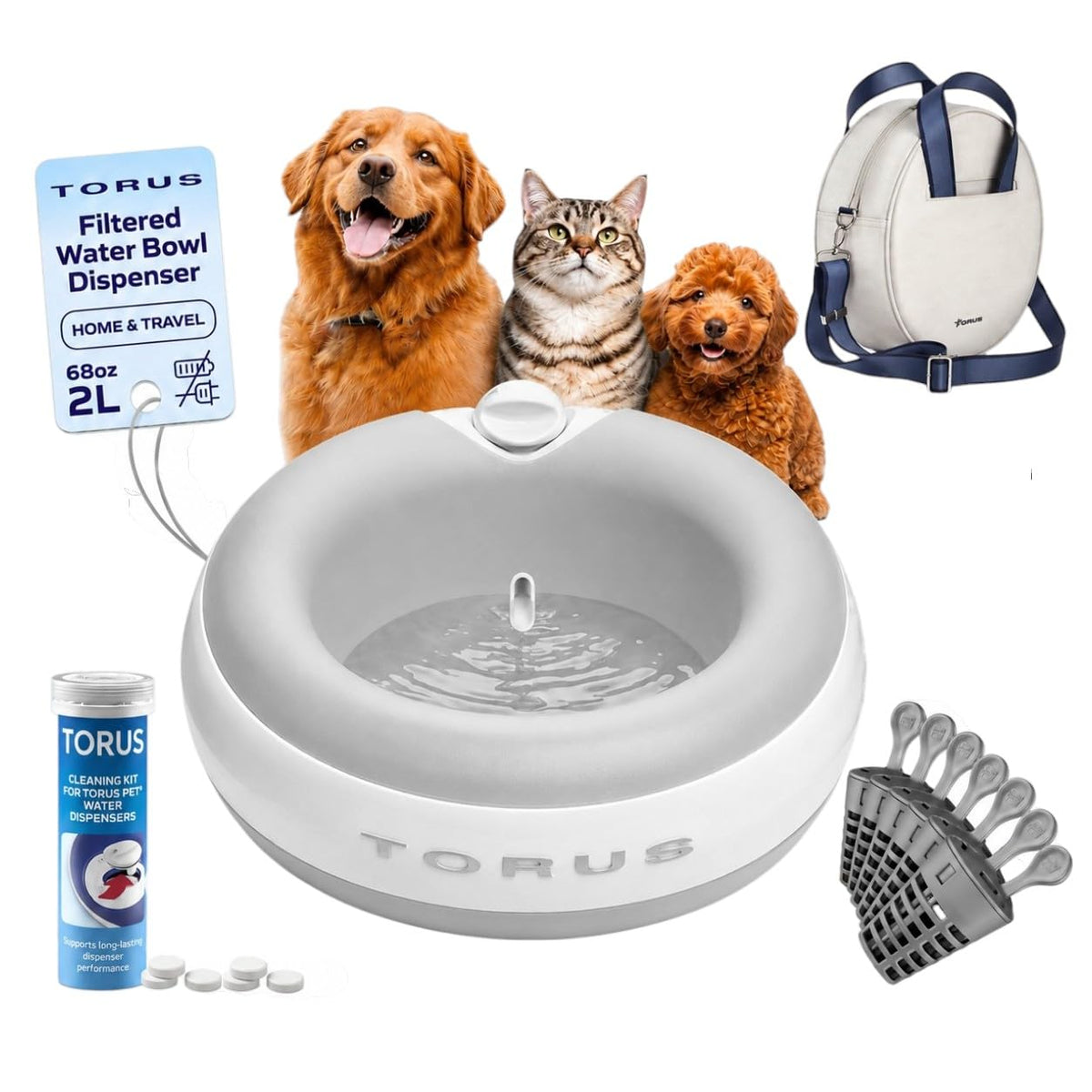 Filtered Portable Dog Water Dispenser (Barkwood Beige Maxi + Tote Bag + (6-Pack) Filters / Maxi (68 oz / 2L))