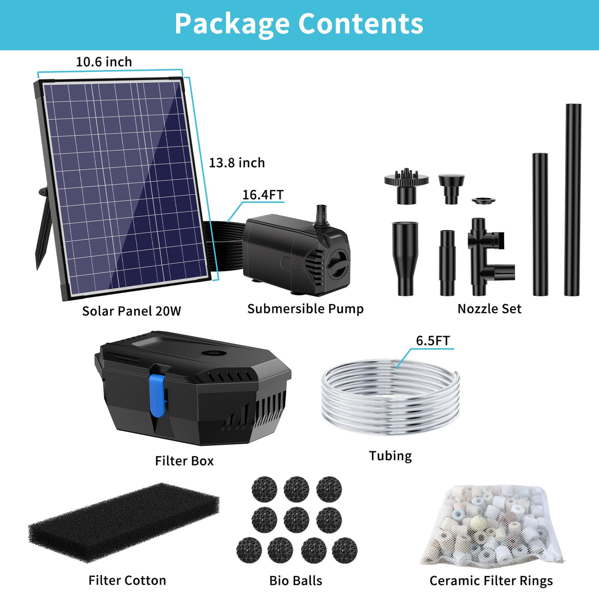 20W Solar Pond Pump with Pond Filter for Ponds up to 400 Gallons (20W)