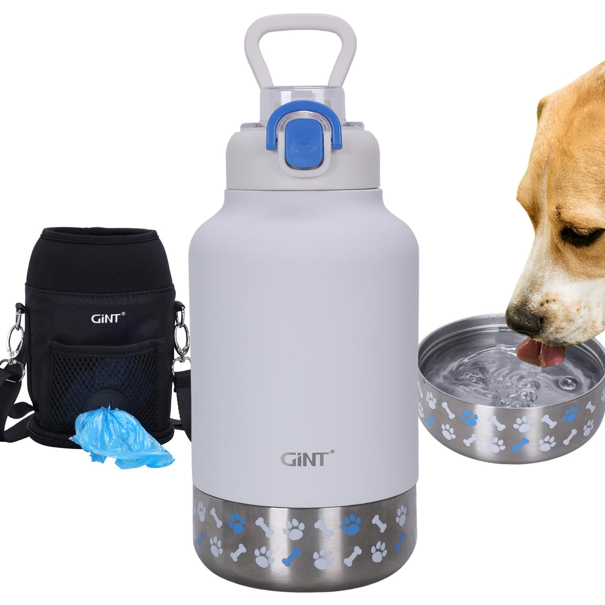 37oz 1.1L Insulated Dog Water Bottle with Carrying Case (White)