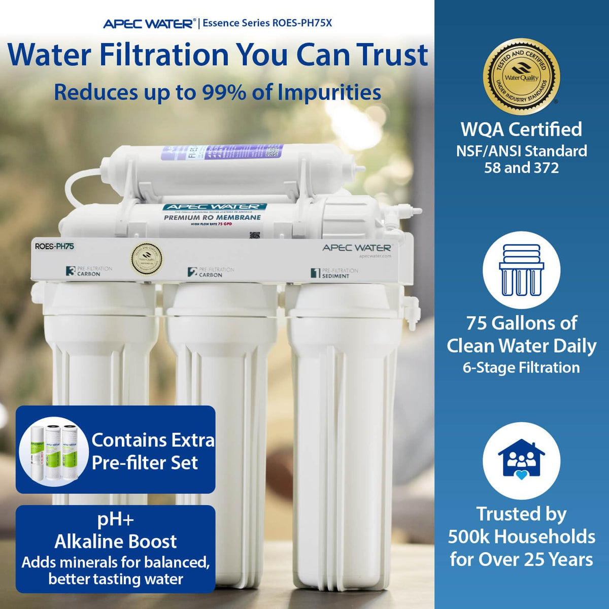 ROES-PH75X, 6-Stage Under Sink RO System Alkaline, Extra Filters (6 Stage, Alkaline + Extra Filters)