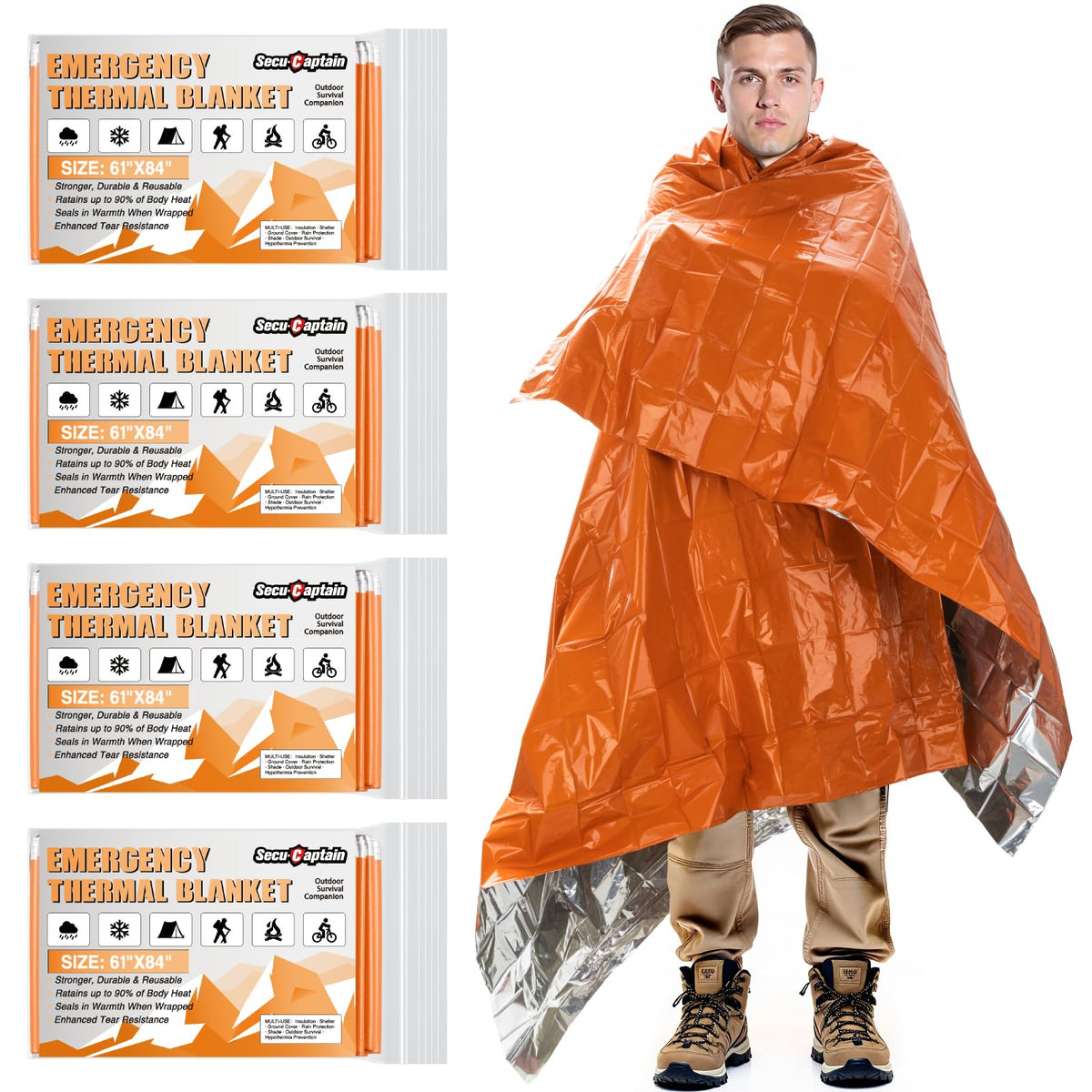 Survival Emergency Thermal Blankets (Orange / 4 Pack)