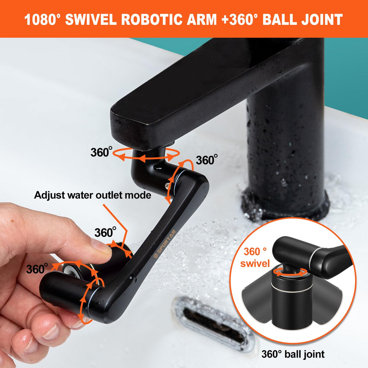 1440° Swivel Bathroom Faucet Extender (Black(2-Spray Mode))