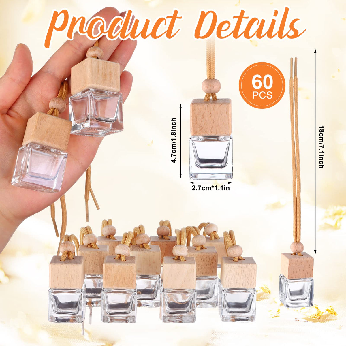 60 Pcs Hanging Car Air Freshener Car Diffuser Bottle Empty Glass Perfume Bottles Air Freshener Diffuser Bottle Pendant for Essential Oils Fragrance Aromatherapy Ornament Decor (Fresh Style)