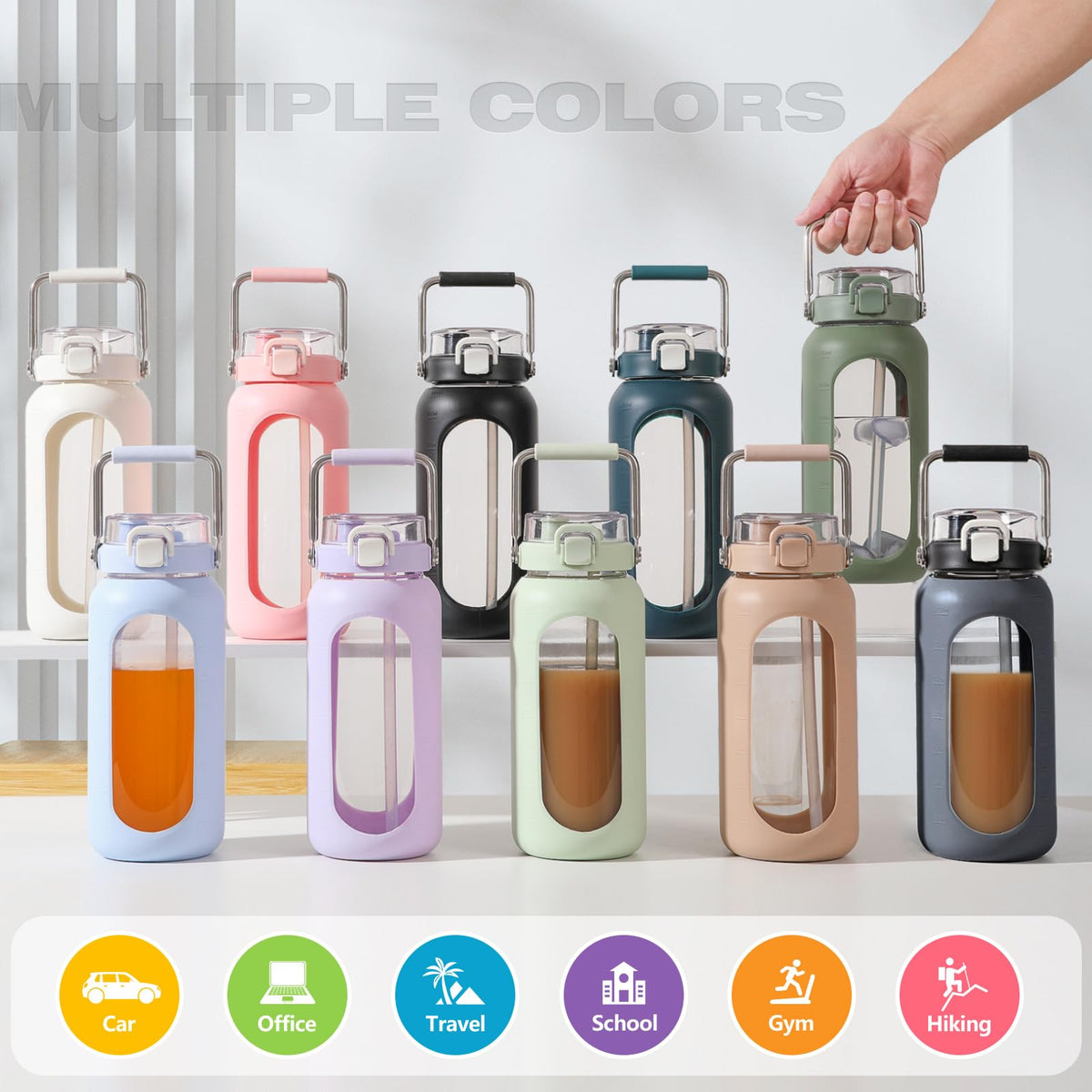 64oz Water Bottle Glass with Stainless Steel Handle Large Water Bottle with Time Markers and Silicone Sleeve Half Gallon Water Jug BPA Free for Gym Daily Use (Black / 64 Ounces)