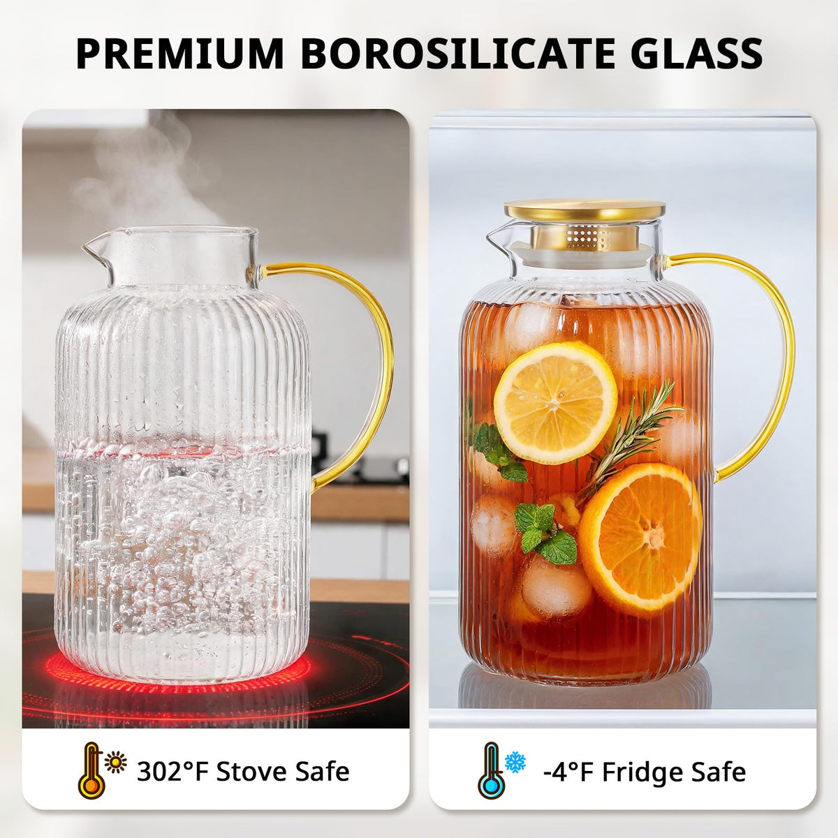 2.6 Liter 88 oz Stripes Gold Glass Pitcher with Lid and Handle (Stripes Gold / 87.9 Ounces)