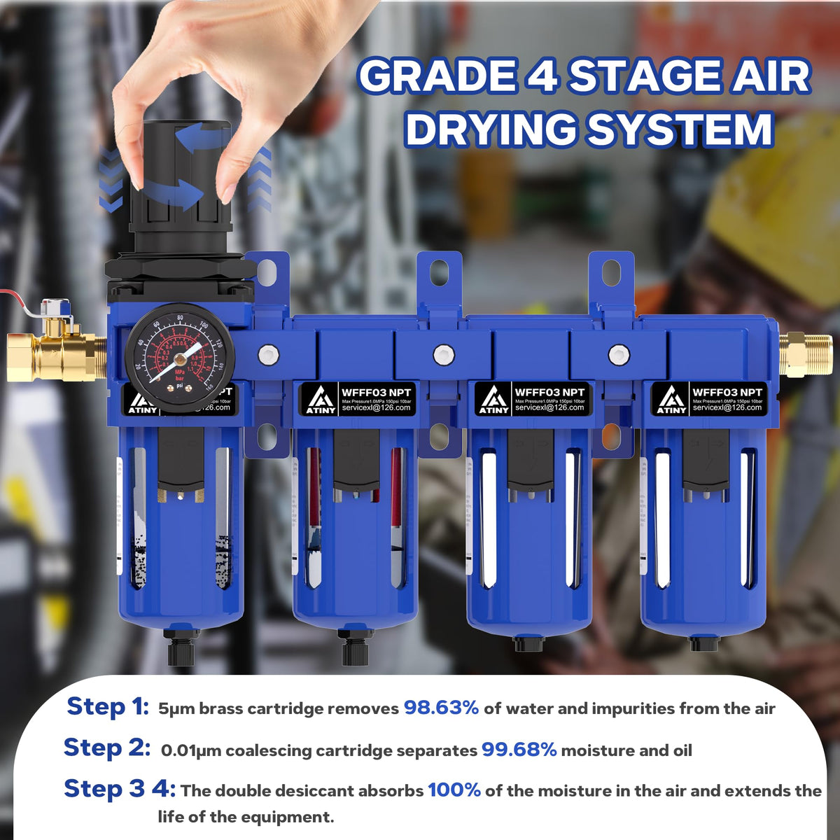 3 8" NPT 4 Stage Air Dryer for Compressor (Blue / 3/8" NPT)
