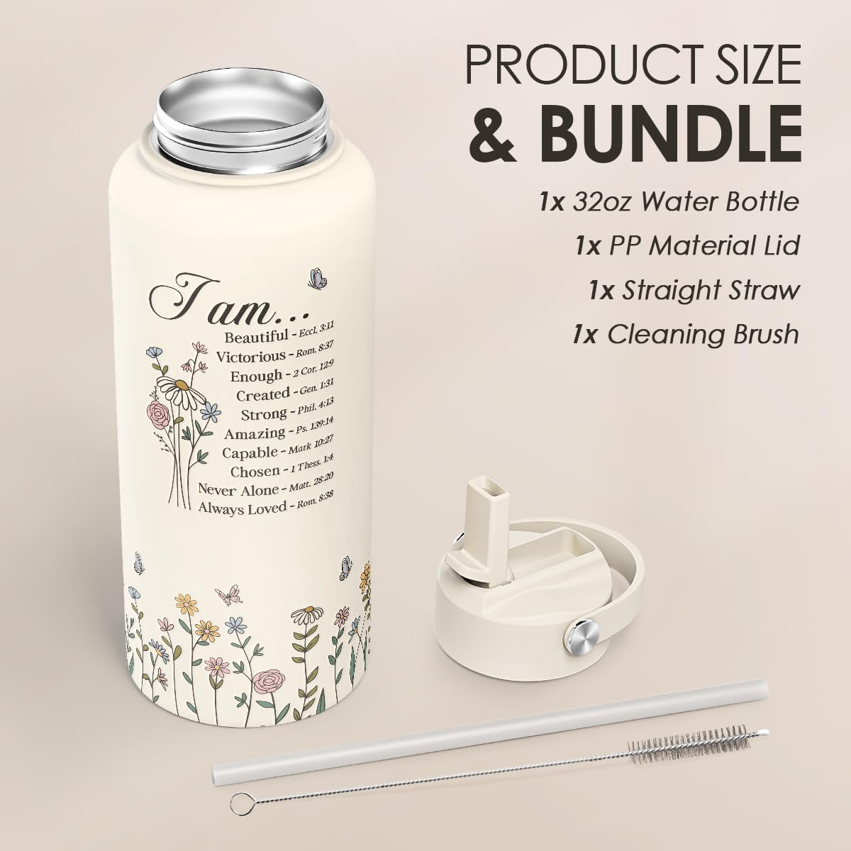Christian Inspiration Water Bottle 32oz Stainless Steel with Lid & Straw (Christian)