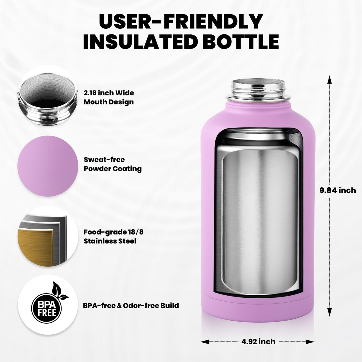 Insulated Water Bottle 64 oz (Light Purple / 64 Ounces)