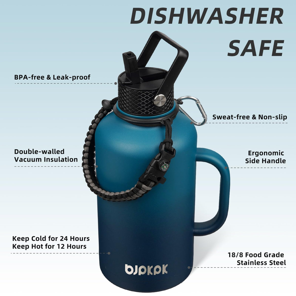 64oz Insulated Water Bottle with Straw Lid Large Stainless Steel Jug (Vast / 64oz-Side Handle)