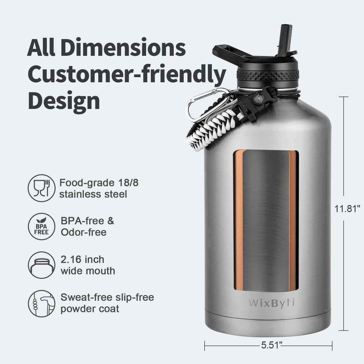One Gallon Insulated Water Bottle (Silver / 128 Ounces)