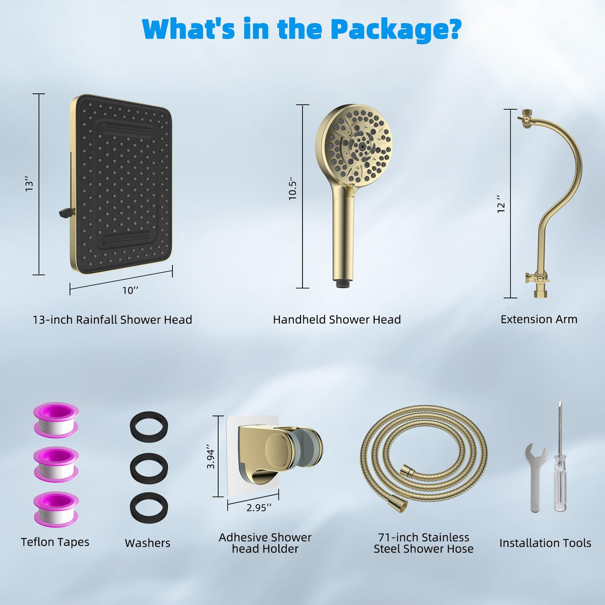 13'' 5 spray Rain Shower Head (Square 13'' / Brushed Gold)