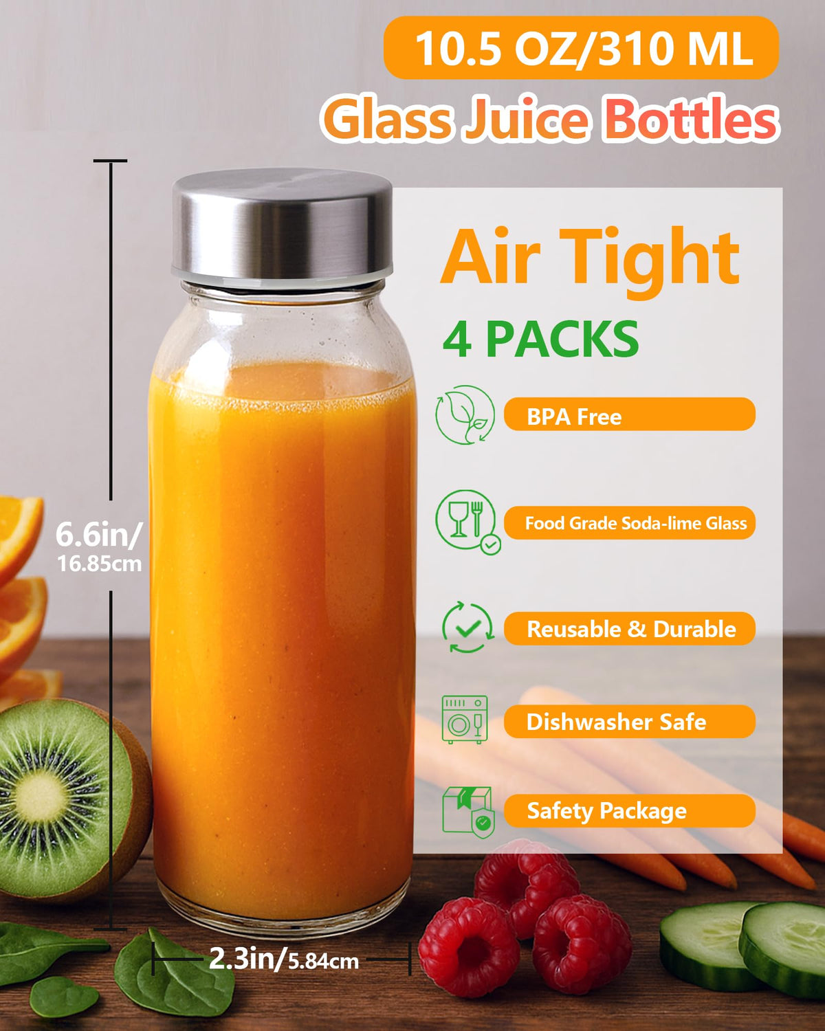 10.5 oz Glass Juice Bottles with Stainless Steel Lids