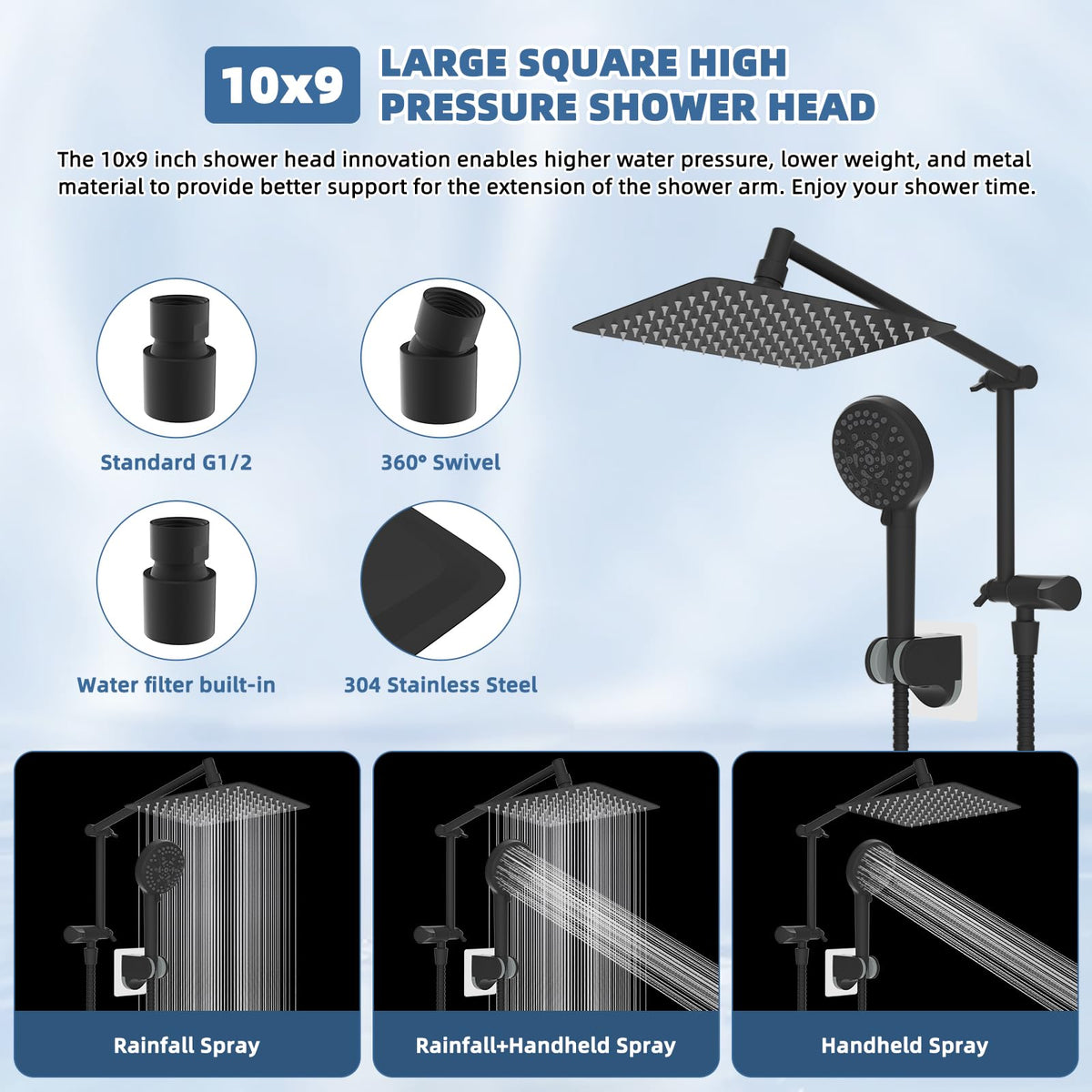 Metal 10" Rain Shower Head with Handheld (Square 10" / Matte Black)
