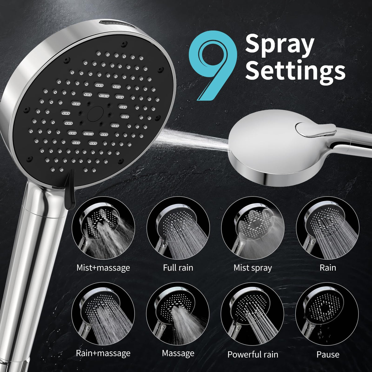 High Pressure Filtered Handheld Shower Head 9 Spray（1 filter） (1.8 Gallon Per Minute+1 Filter / Chrome Silver)