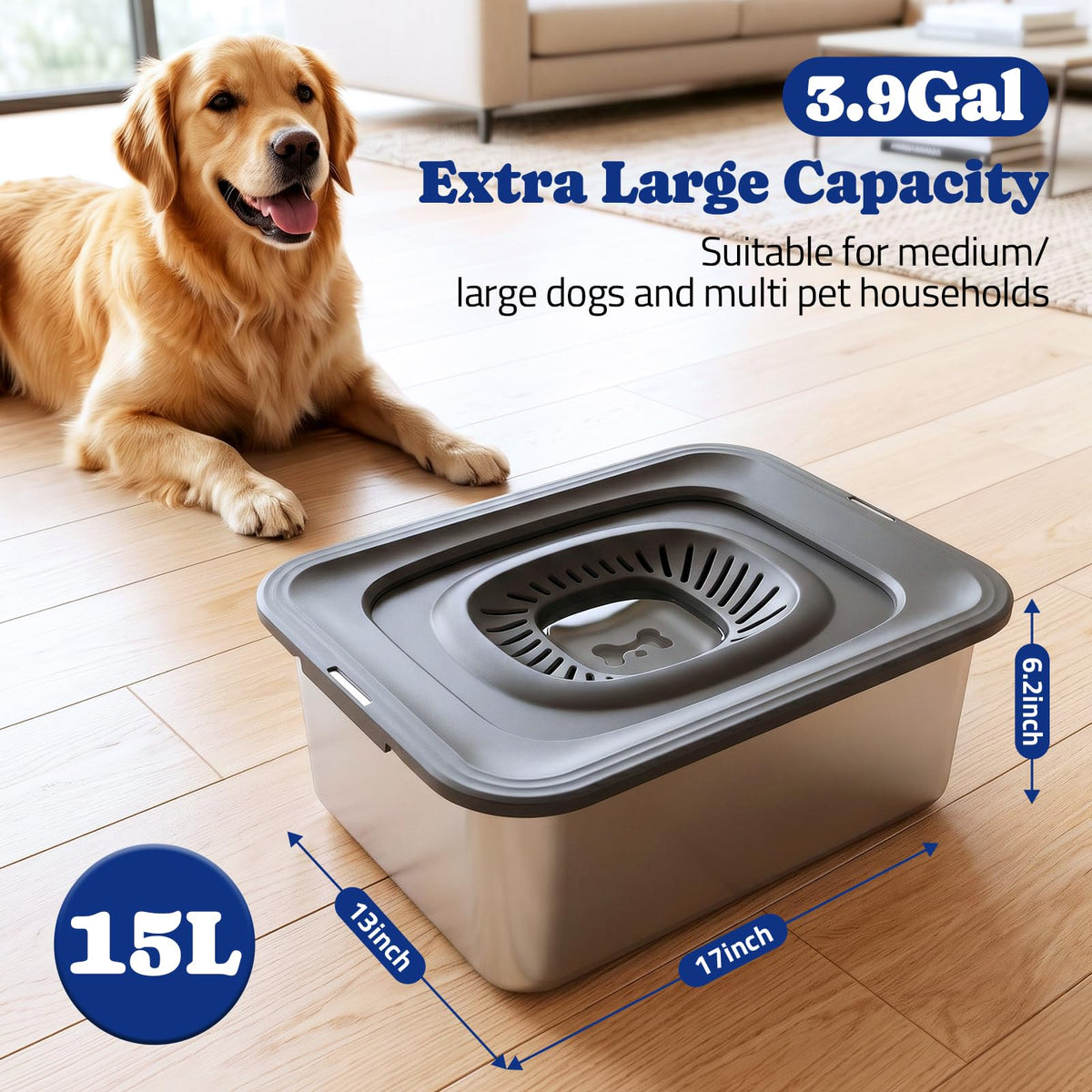 15L Dog Water Bowl No Spill with Slow Drinking Floating Disk (Gray / 15L)