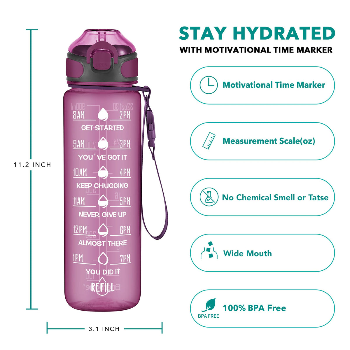 32 oz Water Bottle with Times to Drink and Straw (Taro)