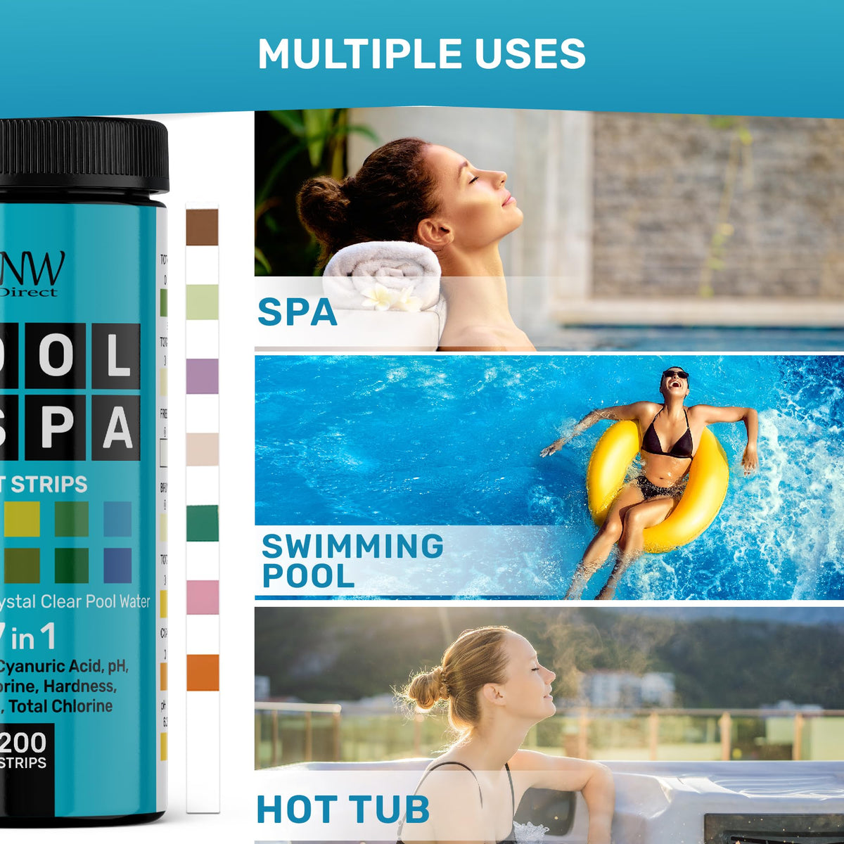 Pool Test Strips for Pools and Spas (200 STRIPS - 7 IN 1 POOL TEST STRIPS)