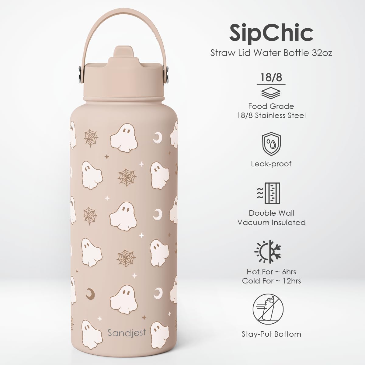 Halloween Boo Stainless Steel Water Bottle 32 Ounces with Lid & Straw (Halloween)