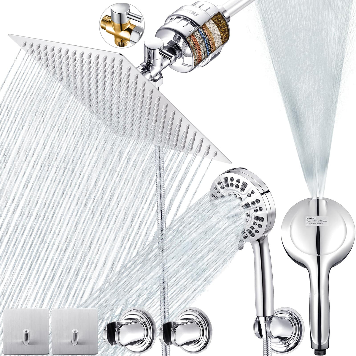 10" Dual Filtered Shower Head Showerhead Handheld Sprayer 20 Stage Water Filter Diverter 79" Hose Combo (Dual Shower & Filter Combo (DSFC02, 10"))