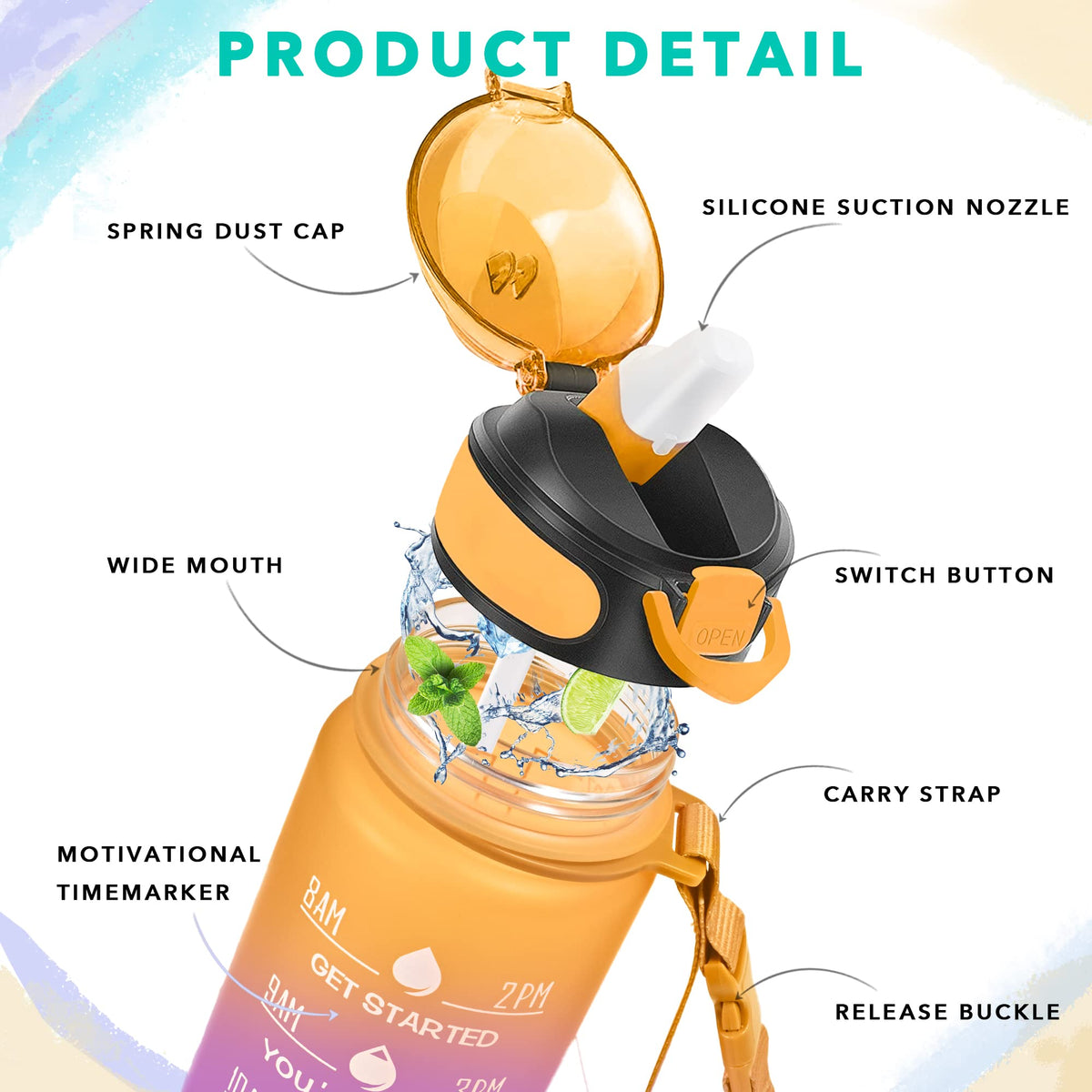 32 oz Water Bottle with Times to Drink and Straw (Orange Blue)